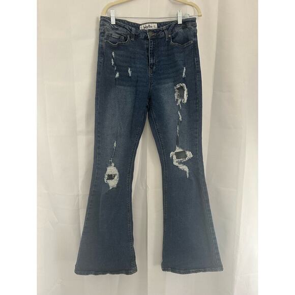 Indigo Rein Jeans Womens sz 15 Blue High-Rise Flare Denim Distressed - Picture 1 of 8